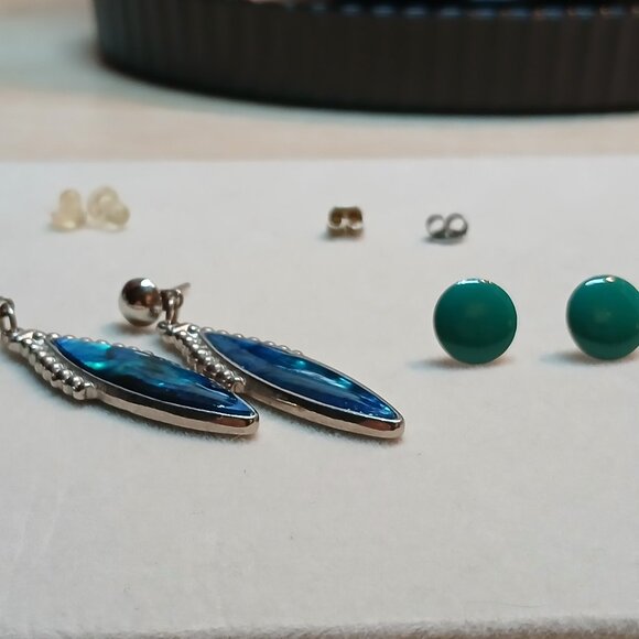 Two Pair Vintage Costume Silver Tone Faux BlueGreen Turquoise Stud Earrings #29W - Picture 10 of 11